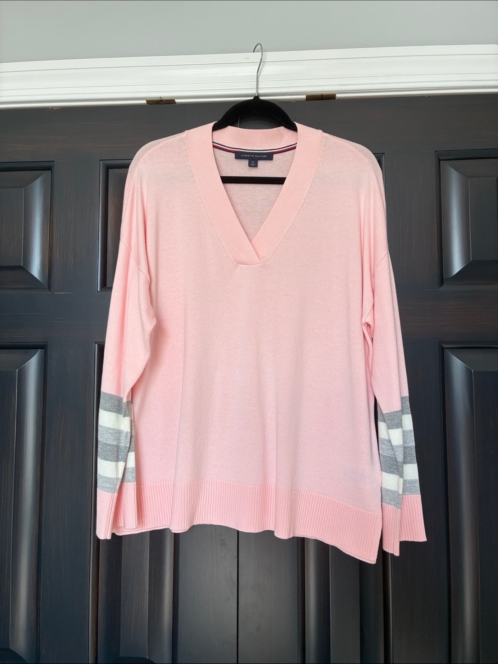 Tommy Hilfiger Light Pink V-Neck Sweater with Gray & Cream Stripes